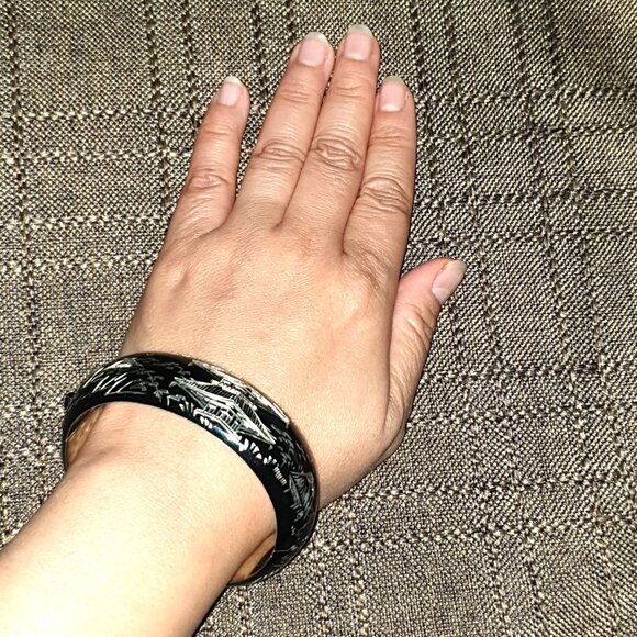 Vintage Japanese Damascene Niello Sterling Silver Pagoda Village Cuff Bangle - Picture 4 of 12